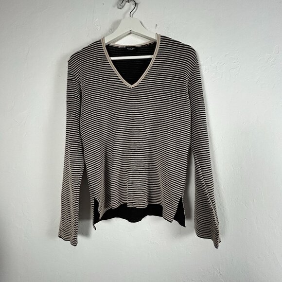 Bitte Kai Rand Womens Black Striped Knit V-Neck Sweater Top Long Sleeve Pullover - Picture 1 of 7